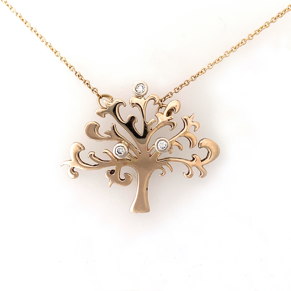 Shin Tree of Life Gold Pendant with 3 Diamonds